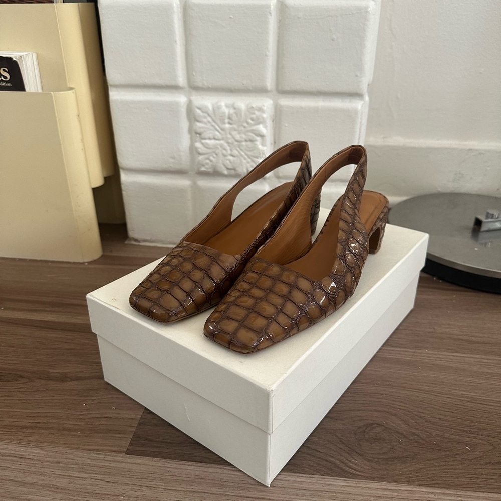 By Far Brown Croc Heeled Mule Sandals